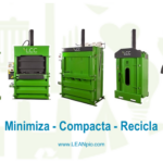 Varias prensas de residuos LCC sobre fondo iconos de sostenibilidad y reciclaje.