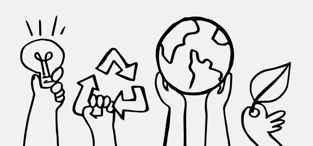 Dibujo manos sostenibilidad y medioambiente.
