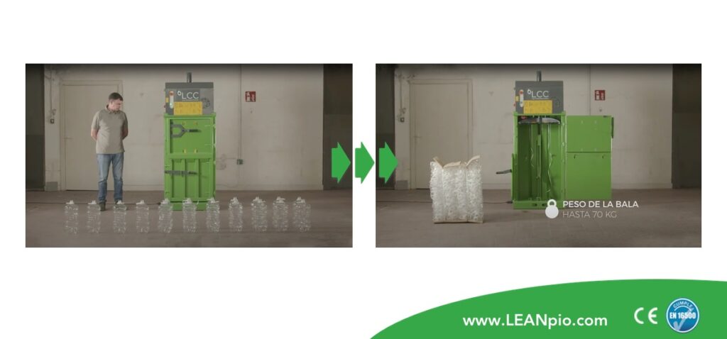 Prensa compactadora LCC y bala de garrafas de plástico resultado de tratamiento de residuos.